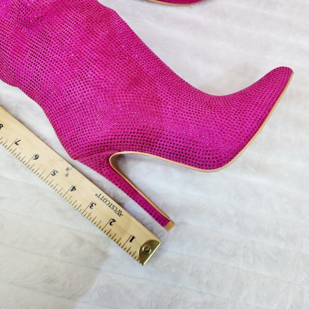 Radiant Fuchsia Pink Rhinestone High Heel Slouch Knee High Boots - Picture 10 of 11